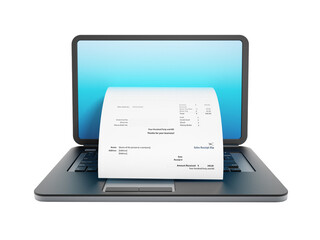 Fictitious payment receipt coming out of laptop screen on transparent background. 3D illustration