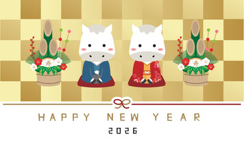 HAPPY NEW YEAR　年賀状2026　着物であいさつ白馬カップル　金屏風