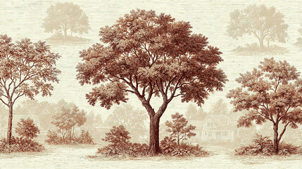 A scenic landscape featuring multiple trees and a house in the background.