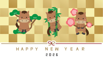 HAPPY NEW YEAR　年賀状2026　松竹梅馬　金屏風