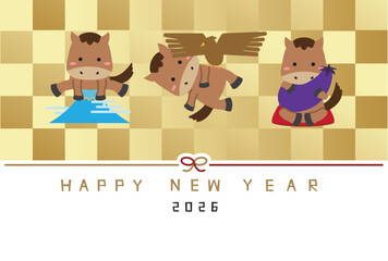 HAPPY NEW YEAR　年賀状2026　初夢馬　1富士2鷹3茄子　金屏風