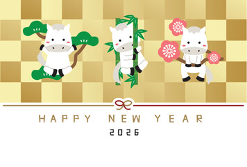 HAPPY NEW YEAR　年賀状　年賀状2026　松竹梅白馬　金屏風