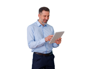 Professional businessman using digital tablet, happy mature man connecting with technology, online work, transparent background