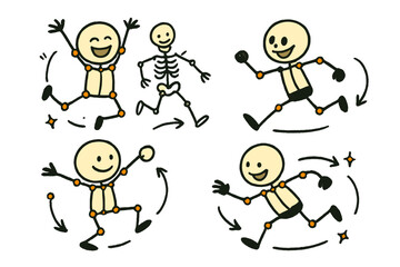 Naklejka premium Cheerful Motion Study. Adorable doodle kinesiological motion study with smiling figures, cartoon motion capture markers bouncing,