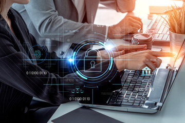 Cybersecurity system interface with biometric lock and data protection. Cybersecurity protects access, identity, cyber security prevents threats, and cyber security supports digital systems. Vouch