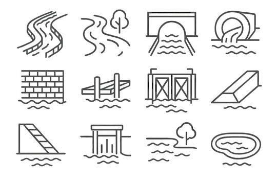 Urban Waterway Icons. Line style icons of urban waterways: canal, riverbank, bridge, culvert; channel wall, dock, lock gate, levee