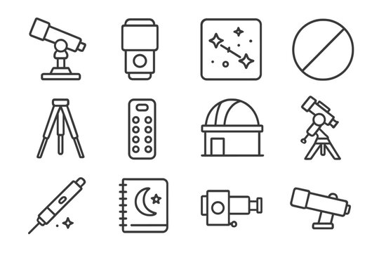Scientific Observation Icons. Line style icons of scientific observation: telescope mount, CCD camera, star chart, lens cap;