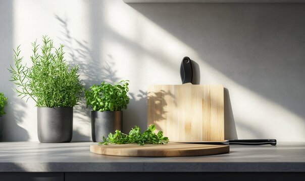 Minimalist kitchen countertop setup with fresh herbs, a sleek wooden chopping board, and a chef's knife, soft natural light creating a clean and elegant atmosphere, sharp and modern, - Powered by Adobe