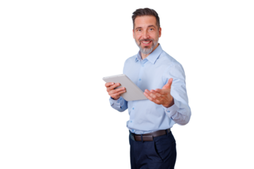 Businessman holding tablet and welcoming with open hand gesture, smiling, offering presentation, transparent background