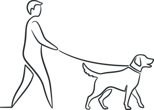 Man Walking Dog Leash Line Art Illustration