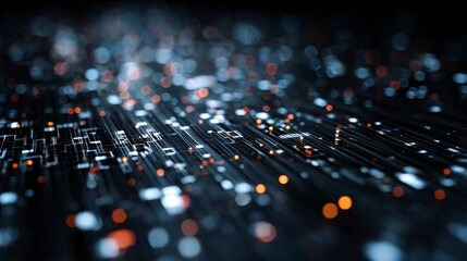 Obraz premium Abstract, close-up view of fiber optic cables and glowing particles, suggesting high-tech data transmission, with bokeh effects and depth of field