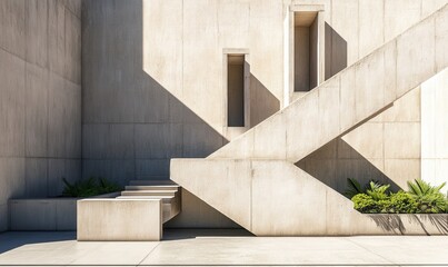 Minimalist modern architecture with sharp geometric shapes and clean lines, bright natural light casting shadows on sleek concrete surfaces, elegant design,