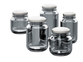 Empty glass jars with white lids isolated on transparent background. 3D illustration