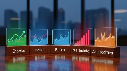 Financial wooden blocks topped with glowing hologram charts