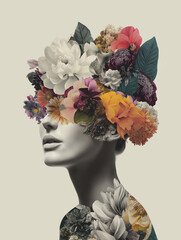 A woman from shoulders up, her face adorned with exquisite flowers