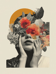 A woman from shoulders up, her face adorned with exquisite flowers