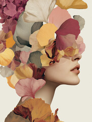 A woman from shoulders up, her face adorned with exquisite flowers