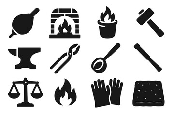 Obraz premium Historical Metallurgy Icons. Solid style icons of historical metallurgical tools: bellows, forge, crucible, hammer, anvil, tongs,