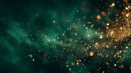 Abstract, dynamic composition with teal, green, and golden bokeh particles, suggesting a flow of energy in the cosmos