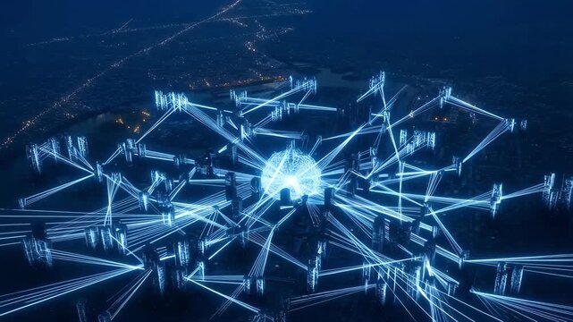 Futuristic city data network with glowing central orb and interconnected skyscrapers, showing communication and technology expansion