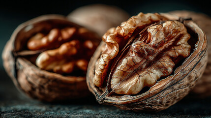 Close-up of cracked-open walnuts showing their kernel and textured shells.