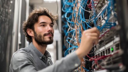 A man is working on a computer network, fixing a problem. He is smiling and he is enjoying his work