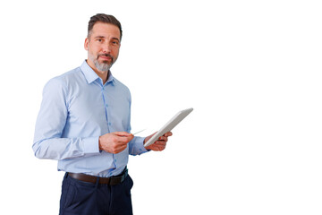 Business man holding digital tablet and stylus pointing, explaining a concept, transparent background