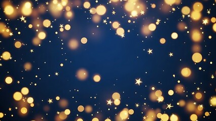 Obraz premium Sparkling gold bokeh lights and glitter stars create a festive frame against a deep blue background.