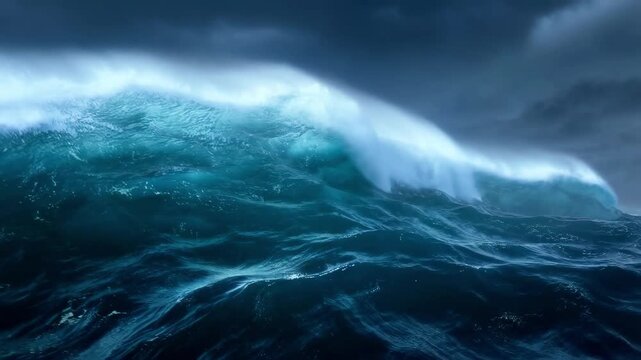 Large ocean wave building and breaking under a stormy sky for water resilience concept