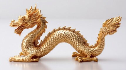 Fototapeta premium A gold dragon statue is sitting on a white surface. The dragon is long and has a gold color