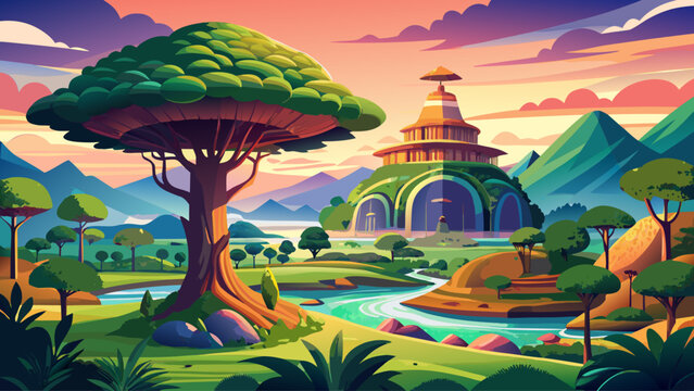 Panoramic scenic landscape featuring the Giant Monkey Pod Tree, a famous natural landmark and tourist attraction in Kanchanaburi, Thailand, surrounded by lush greenery under warm summer light