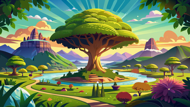 Panoramic scenic landscape featuring the Giant Monkey Pod Tree, a famous natural landmark and tourist attraction in Kanchanaburi, Thailand, surrounded by lush greenery under warm summer light