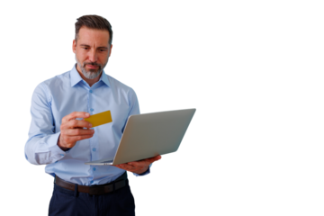 Businessman using a credit card and laptop for online shopping, making a secure e-transaction, transparent background