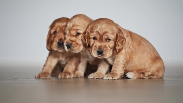 Adorable puppy playtime indoors: three ginger spaniels in smooth 4K slow motion.
