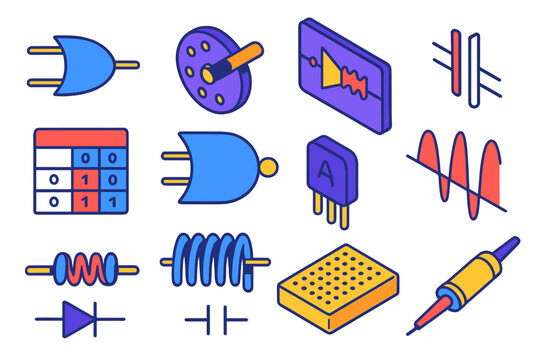 Bright Analog Logic Icons. Isometric vector illustration set Analog Logic: XOR gate, rotary switch, analog circuit diagram, truth