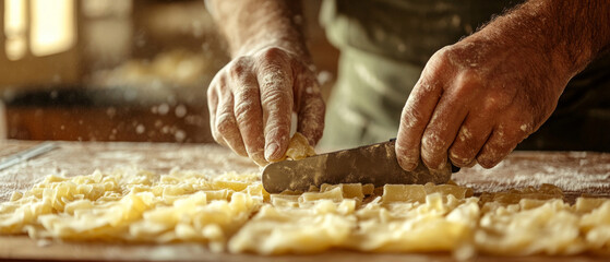 The master cuts the dough with virtuosity, emphasising tradition and craftsmanship — a wonderful atmospheric backdrop for culinary blogs.