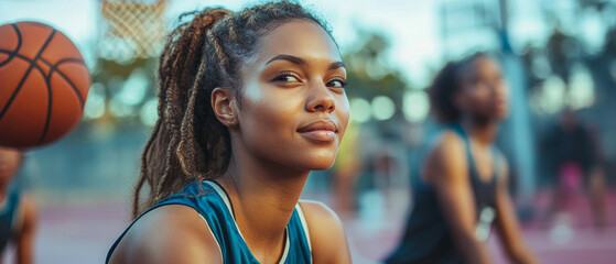 On the sports field, a girl with a basketball embodies energy and focus, ideal for motivational content or atmospheric background for sporting events.