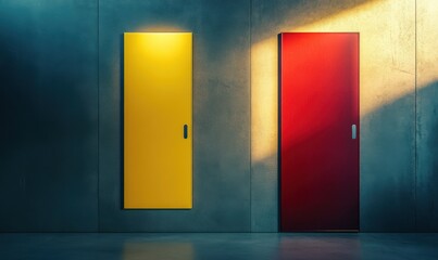 Two colorful doors, red and yellow, in a hallway.