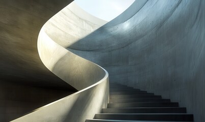 Modern staircase with smooth concrete curves, soft natural light creating depth and contrast, minimalist architectural design, clean contemporary style,