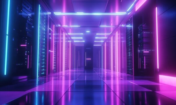 Modern server room interior with brightly glowing data racks, vibrant blue and purple lighting emphasizing advanced technology - Powered by Adobe