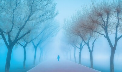 Mysterious foggy landscape with a lone figure walking through a dense blue haze, bare trees lining the pathway, evoking a sense of solitude,