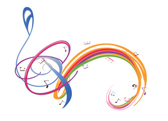 Abstract musical design with a treble clef and colorful splashes, notes and waves.  Colorful treble clef. Hand drawn vector illustration.