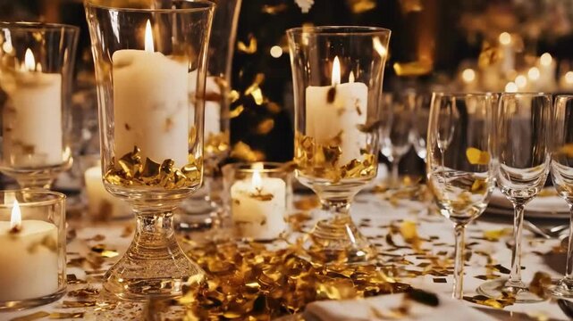 Elegant celebration table setting with white candles gold confetti and shimmering decor