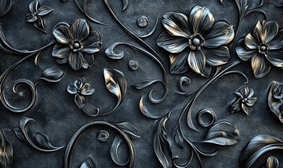Ornate black floral wall art with intricate patterns, metallic textures and subtle highlights creating a luxurious interior design accent,