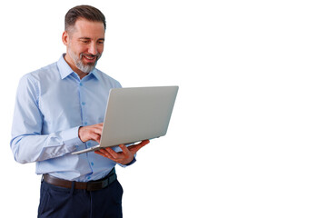 Smiling bearded businessman holding and typing on laptop, networking and managing business online with transparent background