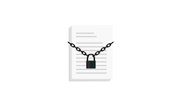 Document locked flat animation with chain and padlock on white background and green screen. 4K animated for data protection explainer, confidential document security, and business motion graphics.