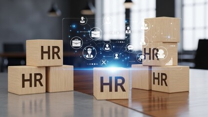 HR wooden cubes with floating employee icons digital interface