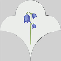 Vector illustration of a delicate blue spring bell flower with green stem on a soft decorative shape. Perfect for floral design, packaging, stationery, wedding and seasonal projects.