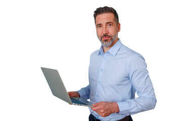 Middle aged businessman holding laptop, looking at camera, working with technology, transparent background for easy use