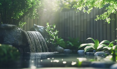 Peaceful zen garden with a small waterfall cascading into a pond, lush greenery surrounding the area, soft natural light creating a calm and serene mood, clean composition,